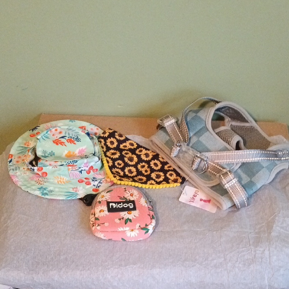 Floral Dog Poop Bag Keychain,   S/M Flower Dog Hat With Ear Holes, Harness